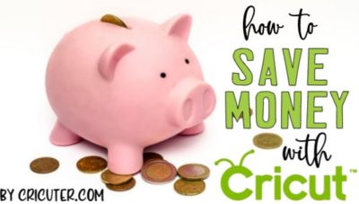 A pink piggy bank with coins scattered around, illustrating money-saving tips with Cricut.