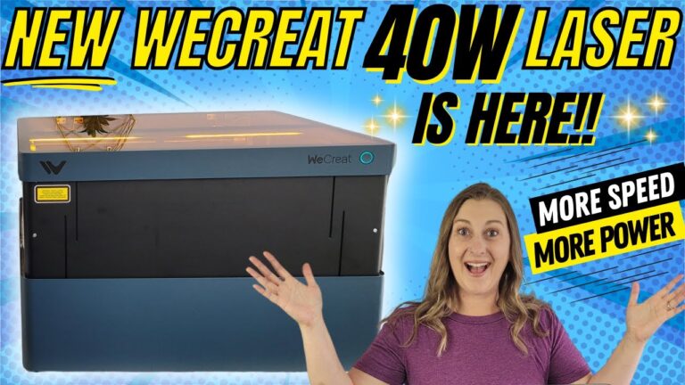 WeCreate 40W laser engraving and cutting machine with user demonstrating features, highlighting speed and power enhancements.